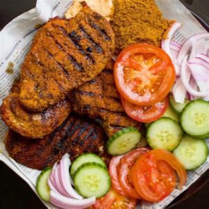 Grilled Chicken Suya Skewers with mixed salad
