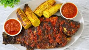 Roasted Tilapia and Plantain (Boli) with Pepper sauce