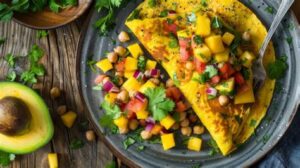 Vegetable omelette with avocado slices