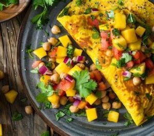 Vegetable omelette with avocado slices